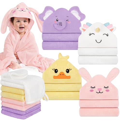 CandyHome 12 PCS Baby Bath Towels for Infants Toddlers, 4 PCS Animal Hooded Baby Towels & 8 PCS Washcloths Set, Ultra Absorbent Soft Cute Newborn Essential Gift for Boys & Girls