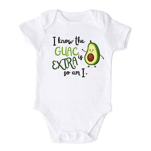 I Know the Guac is Extra So Am I Baby Bodysuit, Guacamole Kids Tee | 100% cotton, printed in California, shipped from USA, Soft breathable fabric, machine washable
