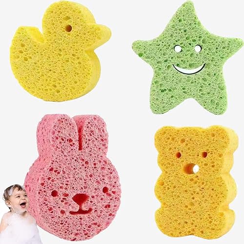 4Pcs Baby Bath Sponge, Soft Natural Bath Sponge Cute Animals Fun Shapes Body Cleaning Sponges, Kids Bath sponges for Infants, Toddler Bath time, Plant-Based, Extra Soft