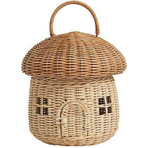 Mushroom Basket with Lid, Handwoven Rattan Mushroom House Storage Bin, Kids Room Decor & Photo Prop, European-style Carry Basket (Red, Khaki, Pink, Castle, Acorn)-khaki