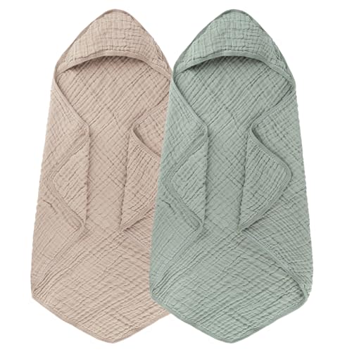 Synrroe 2 Pack Hooded Muslin Cotton Baby Towels (Green/Brown), 32 by 32 Inches, Ultra-Soft & Breathable for Baby Bath Time