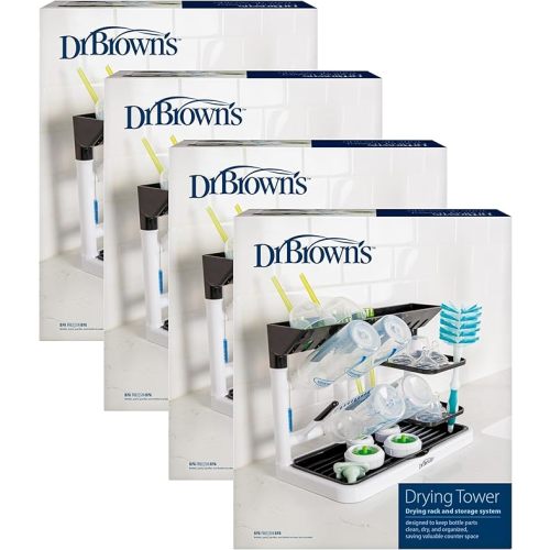 Dr. Brown's Baby Bottle Drying Tower, Stand-Up Countertop Drying Rack with Organized Storage for Baby Essentials, Space Saving Vertical Rack, Black/White