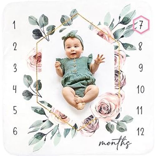 Baby Monthly Milestone Blanket for Girls- Soft Thick Fleece 46"x46" - Perfect Photo Growth Chart for First 12 Months - Extra Cozy for Pictures, Creating Monthly Memories - Soft Floral Design