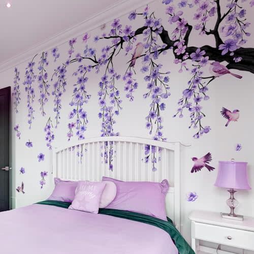 Lilac Purple Wall Decor 4 Sheets Large Cherry Blossom Tree Wall Stickers | Spring Purple Flower Bird Wall Decals Peel and Stick Removable Wall Murals Decor for Living Room Bedroom (11.8 * 35.4inch)