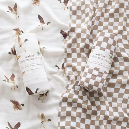 LifeTree Baby Swaddle Blankets, Boys Girls Muslin Swaddling Wrap Receiving Blanket for Newborn, 70% Viscose from Bamboo and 30% Cotton, Large 47" x 47", Duck and Coffee Checkered