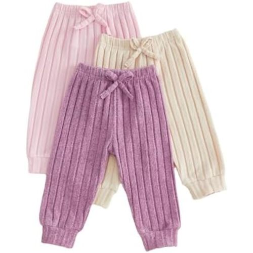 Kupretty 3 Pack Toddler Baby Girl Pants Solid Ribbed Casual Bottom Pants Sets 6 12 18 24 Months 2T 3T Clothes Spring Fall
