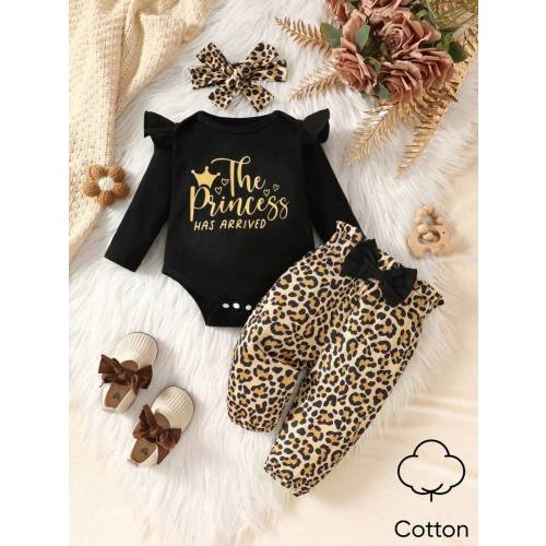 SHEIN 3pcs Baby Girls Cute Leopard Print Long Sleeve Ruffle Letter Bow Romper And Long Pants Set | SHEIN USA
