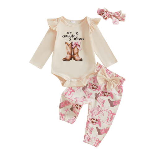 WUANDIXFA Western Baby Girl Clothes Horse/Boots Print Long Sleeve Romper + Pants + Headband Cute 3PCS Set (Beige, 3-6 Months)
