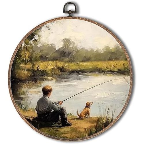 Yorhifa Vintage Boy Fishing Framed Wall Art, Farmhouse Country Landscape Round Wall Art, Rustic Fishing Round Walls Decor, Retro Dog Circle Canvas Artwork Hanging Decor, 10x10in