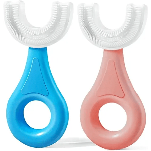 YOTEE U-Shaped Toothbrush Kids 2 PCS - Toddler Toothbrush with Food Grade Soft Silicone Brush Head, Manual Whole Mouth Tooth Brush for Kids Age 2-6(Blue+Pink)