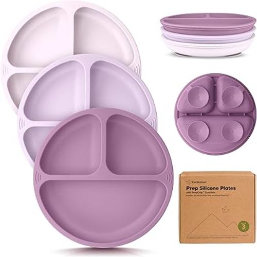 KeaBabies Suction Plates for Baby, Toddler, 3pk, 100% Silicone (Amethyst) | Silicone Toddler Plates with Suction, Divided, Kids Baby Led Weaning Essentials, Dishwasher Safe, Microwave Safe, BPA-Free