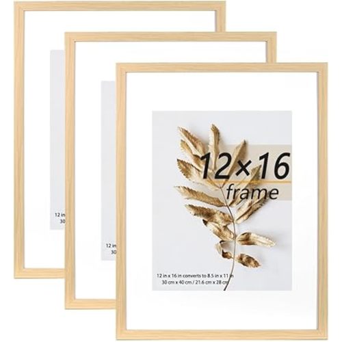 Hogaryo Set of 3 12x16 Picture Frame Natural can Display 8.5x11 Picture with Mat on the Wall