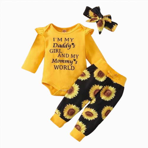 CAICJ98 Newborn Baby Girl Clothes Infant Sunflower Outfit Ruffle Romper Tops Floral Pants Outfit Fall Winter Clothing (Yellow,6-12 Months)