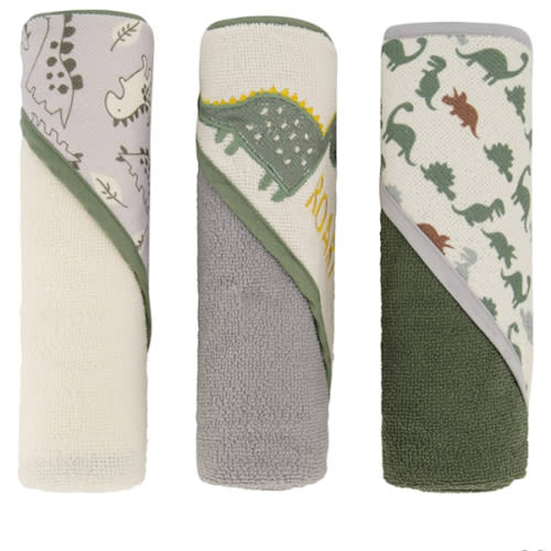 Cudlie Buttons & Stitches Baby Boy 3 Pack Rolled/Carded Hooded Towels in Dino Roar Print (GS71721)