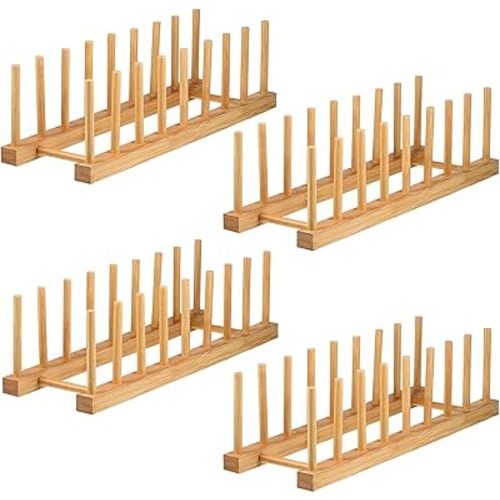 Lawei 4 Pack Bamboo Dish Drying Rack, Plate Rack Stand Pot Lid Holder, Dish Organizer Racks for Plates, Cups, Bowls, Cutting Board, Drying Rack Stand Drainer, Kitchen Cabinet Organizer