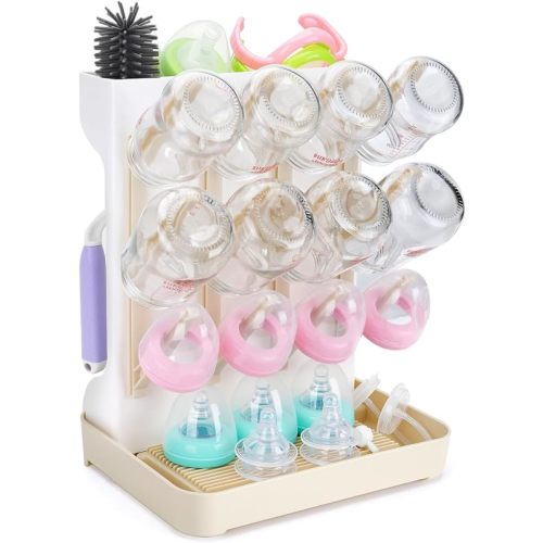 Baby Bottle Drying Rack: Space Saving Vertical Bottle Drying Holder with Brushes Holder - Large Bottle Storage Holder Organizer 12 Bottles & Baby Accessories,BPA-Free, Beige