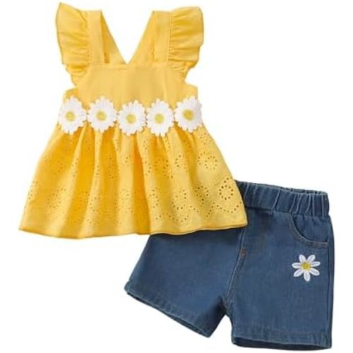 XUANHAO Baby Girl Clothes Toddler Girls Summer Outfits Infant Girls' Clothing Cute Ruffle Tops Daisy Shorts Sets 9M-3T