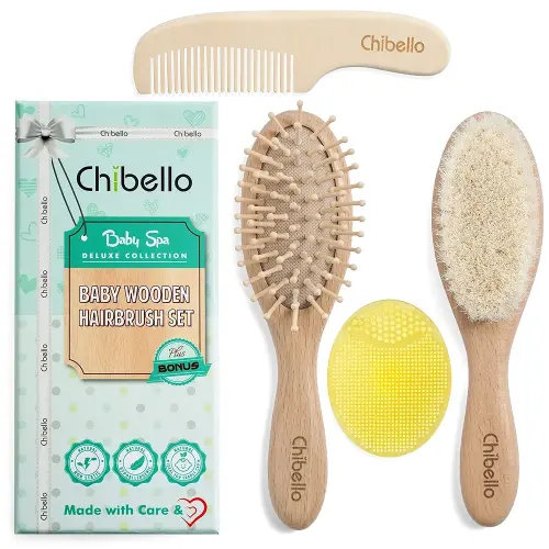 Chibello 4 Piece Wooden Baby Hair Brush and Comb Set Natural Goat Bristles Hair Brush for Cradle Cap Treatment Wood Bristle Brush for Newborns and Toddlers Best Baby Shower and Registry Gift