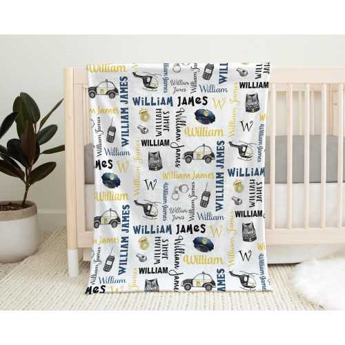 Baby boy police cars name blanket, police man newborn blanket, first responder baby blanket, baby cop personalized baby gift (CHOOSE COLORS)