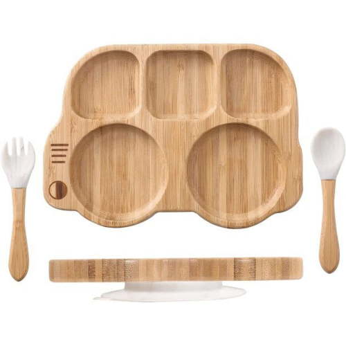Suction Plates for Baby & Toddler, Bamboo Divided Platter Feeding Dishes with Silicone Fork& Spoon, All-Natural Baby Food Plate Stays for Baby-Led Weaning, Non-Slip Design