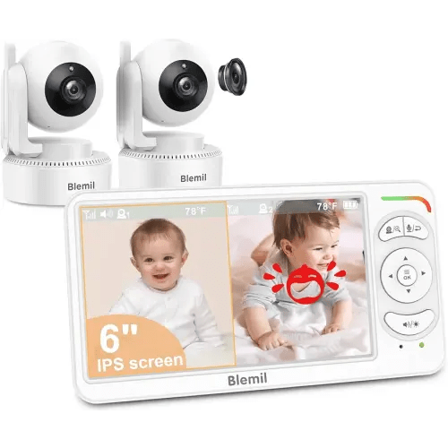 Blemil 6" Baby Monitor with 2 Cameras 4000mAh Battery Upgrade Split Screen Video Baby Monitor No WiFi Remote Pan-Tilt-Zoom Auto-Night Vision 150 Languages ECO Mode 2-Way Talk 1000FT (Ideal Condition)