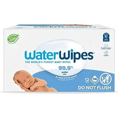 WaterWipes Plastic-Free Original Baby Wipes, 99.9% Water Based Wipes, Unscented & Hypoallergenic for Sensitive Skin, 60 Count (Pack of 12), Packaging May Vary