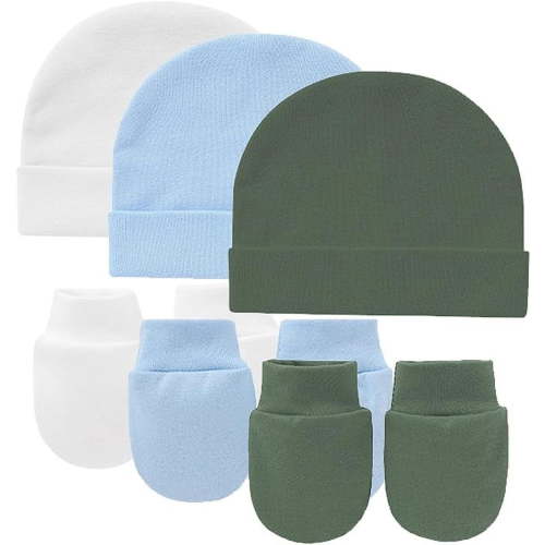 Tisoloow Baby Hats with Scratch Mittens Set Unisex Newborn Hospital Hats for Baby Boys Girls Cute Infant Beanie Caps Cotton Soft Baby Hat 0-6 Months Army&Light Blue&White One Size