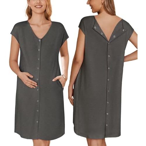 Ekouaer Labor/Delivery/Hospital Gown Nursing Nightgown Maternity Sleepwear With Pockets Postpartum Gowns with Button S-XXL