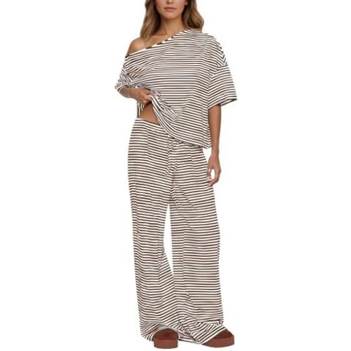 MISSACTIVER Women’s 2 Piece Striped Lounge Set Comfy Off Shoulder Shirts Drawstring Pants Matching Pajama Set Pj