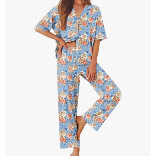 Ekouaer Women Pajamas Set Button Down Sleepwear Short Sleeve Pjs Soft Comfy Nightwear with Long Pants S-XXL
