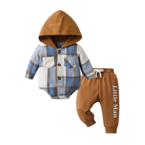 Newborn Infant Baby Boy Clothes Long Sleeve Plaid Romper Hooded Letter Pants Outfits Set Blue 3-6 Months