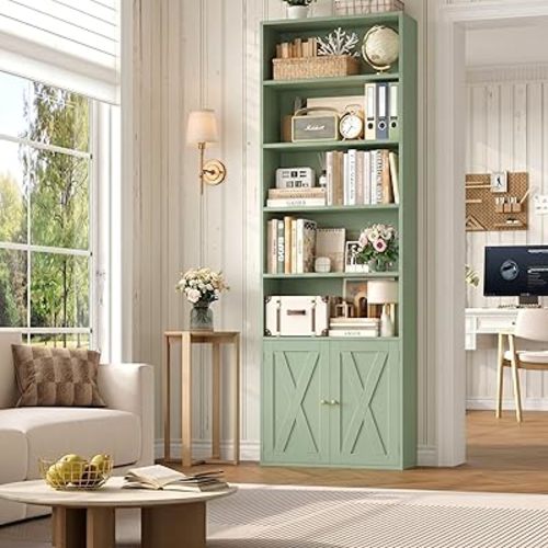 FACBOTALL 82" Tall Bookcase and Book Shelf, 24" Wide Bookshelf with Doors, 7 Tier Bookcase with Storage and Adjustable Shelf, Open and Display Farmhouse Bookshelf for Living Room, Home Office, Green