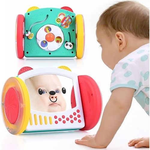 PLAY Tummy Time Toys Rolling Baby Mirror Activity Toy Newborn Toys 0 3 6 9 12 Months with Teethers Infant Mirror Crawling Toys Montessori Toys for Brain Development Visual Stimulation, Double-Sided