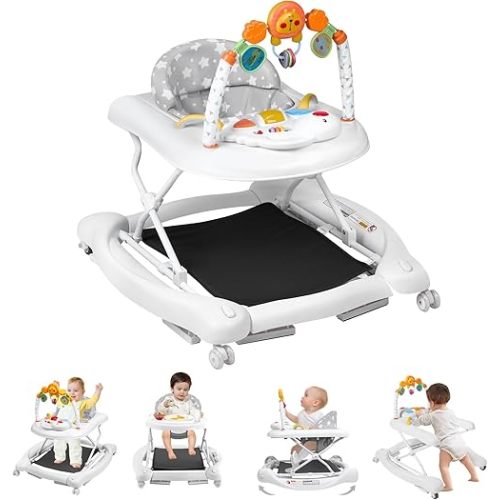 Baby Walker, 5 in 1 Baby Walkers for Boys Girls 6-12 Months, Foldable Walkers for Babies with Bouncer & Feeding Tray, Music, Adjustable Heights, Activity Walker for Infant