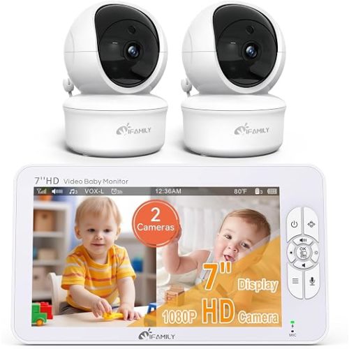 iFamily 7" Large Split Baby Monitor with 2 HD Cameras and Audio, 1080P HD Video Baby Monitor No WiFi,Hack Proof, up to 120hr Battery Life, Built-in White Noise& lullabies