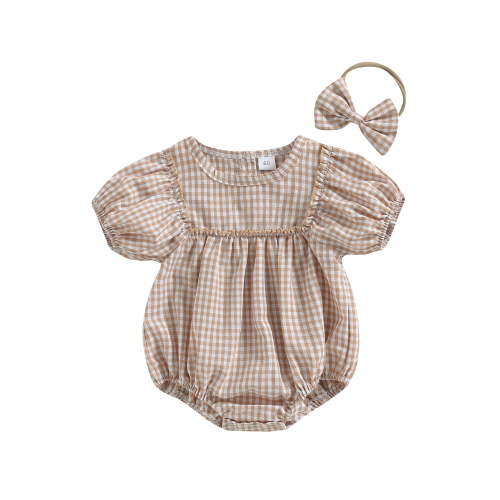 Loicainy Baby Toddler Girl Plaid Romper 3 6 12 18 Months Short Puff Sleeve Bodysuit with Headband