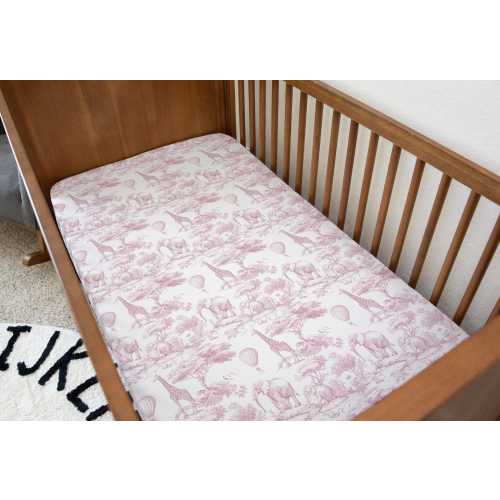 Chinoiserie Toile de Jouy Safari - PINK, Bedding, Duvet Covers, Fitted Sheets, Safari theme with Hot Air Balloon, Kids Bedding