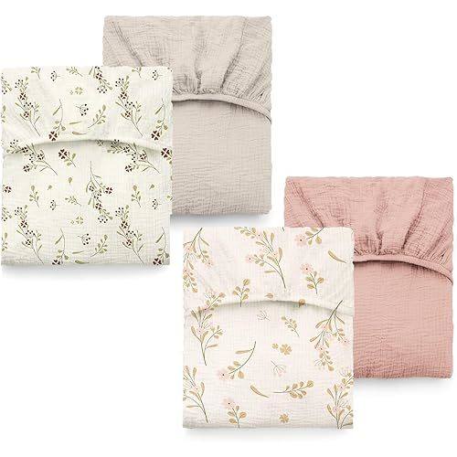ColoBrethy 4-Pack Muslin Crib Sheets for Girls Boys, Boho Soft 100% Cotton Nursery Decor for 52" x 28" Standard Crib Mattress (Apricot & Pink & Floral & Blossom)