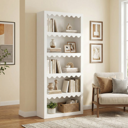 Dovecove 5-Tier White Bookcase, Tall Bookshelf With Scalloped Edges For Living Room | Wayfair