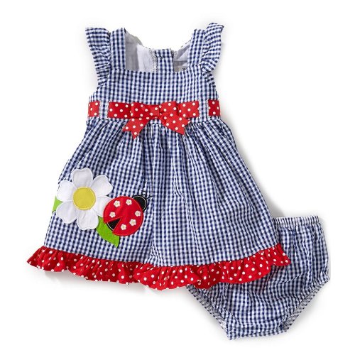 Rare Editions Baby Girls Flutter-Sleeve Ladybug Flower-Appliqued Checked Seersucker Dress