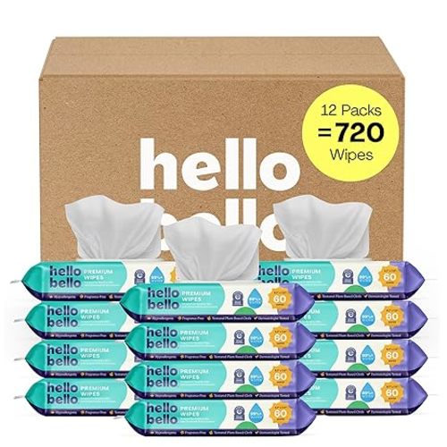 Hello Bello Premium Fragrance-Free Baby Wipes, with Chamomile & Aloe Extracts for Sensitive Skin - 12 Resealable Packs = 720 Total Wipes