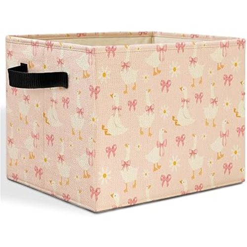 Pink Bow Floral Goose Storage Bins Box with Handles, Goose Nursery Decor, Preppy Geese Laundry Basket Hamper Collapsible Clothes Toys Organizer for Girls Room Playroom Bathroom