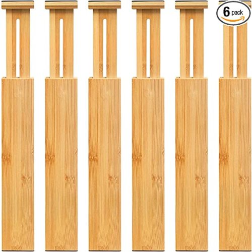 VaeFae 6-Pack Bamboo Drawer Dividers – Adjustable 14"-19.1" (Fits 15"-18" Drawers ONLY), Spring-Loaded Expandable Organizer for Kitchen, Bedroom, Office & Bathroom, MUST MEASURE Before Purchase