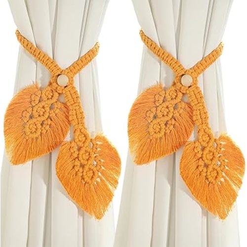 2 Pack Boho Curtain Tiebacks Macrame Holdbacks, Handmade Adjustable Curtain Tie Back Holders for Drapes Window, Elegant Orange Leaf Wall Decor for Indoor Outdoor Use