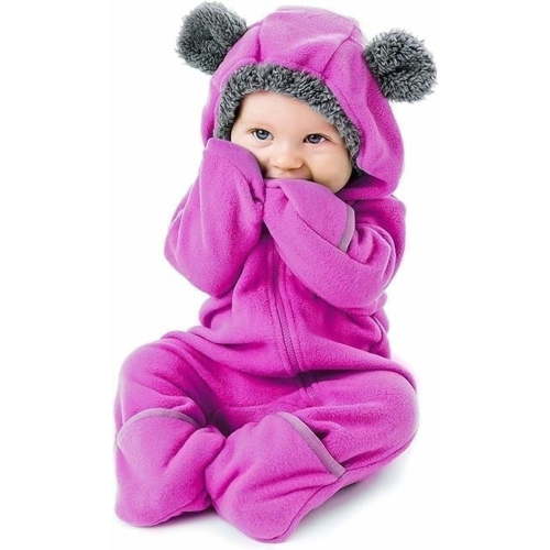 Cuddle Club One Piece Romper Hooded Fleece Onesie Jumper for Baby, Bear Purple 12-18 Mos