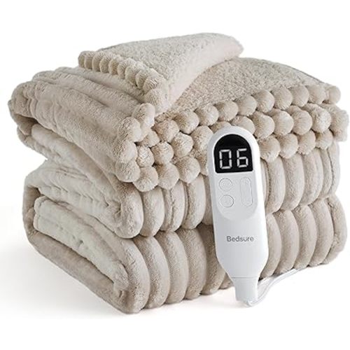 Bedsure Electric Blanket Twin - Thick Striped Flannel Electric Blanket, Heating with 10 Time Settings, 6 Heat Settings, and 8-Hour Timer Auto Shut Off, Gift for Grandma (62x84 inches, Linen)