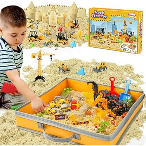 Billeeit Sand Construction Kit with Big Foldable Sandbox and 2.2lbs Moldable Sensory Play Sand, Truck Toys Including Castle Molds and Other Accessories - 36Psc Set Gifts for Kids 3+