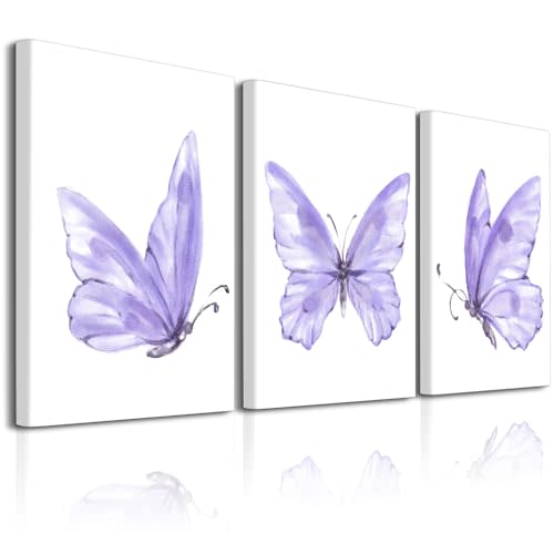 Butterfly Wall Art Prints Decor - Set of 3 purple room decor Poster with Framed Colorful Butterfly Wall Art Canvas Poster for Girls Bedroom Nursery Home Decor Gift (Purple)