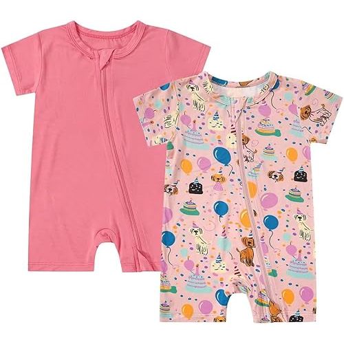 Teach Leanbh Unisex 2 Pack Bamboo Viscose Pajamas 2 Way Zipper Short Sleeve Printed Romper Jumpsuit Sleep and Play