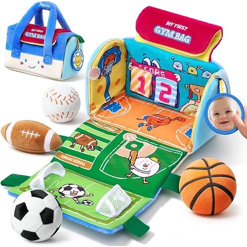 JoyCat Baby Toys 0-12 Months, Sports Bag Plush Toy, 4 Sensory Balls | Sports bag plush toy with 4 sensory balls offers crinkle and rattle play for tummy time, exploration and early learning.